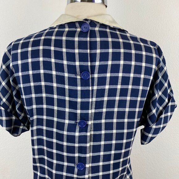Vintage 60s Two-Piece Dress Straight Skirt Drop Waist Top Medium Blue Check Bow - Picture 6 of 11
